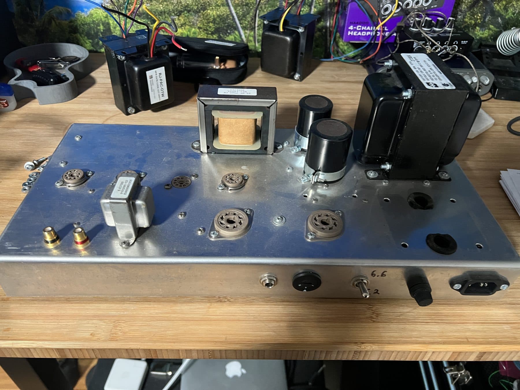 Rear of an amp chassis with speaker jack, fuse and impedance switch